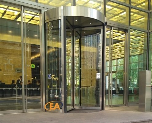 EA Group revolving door installation at Canary Wharf, London